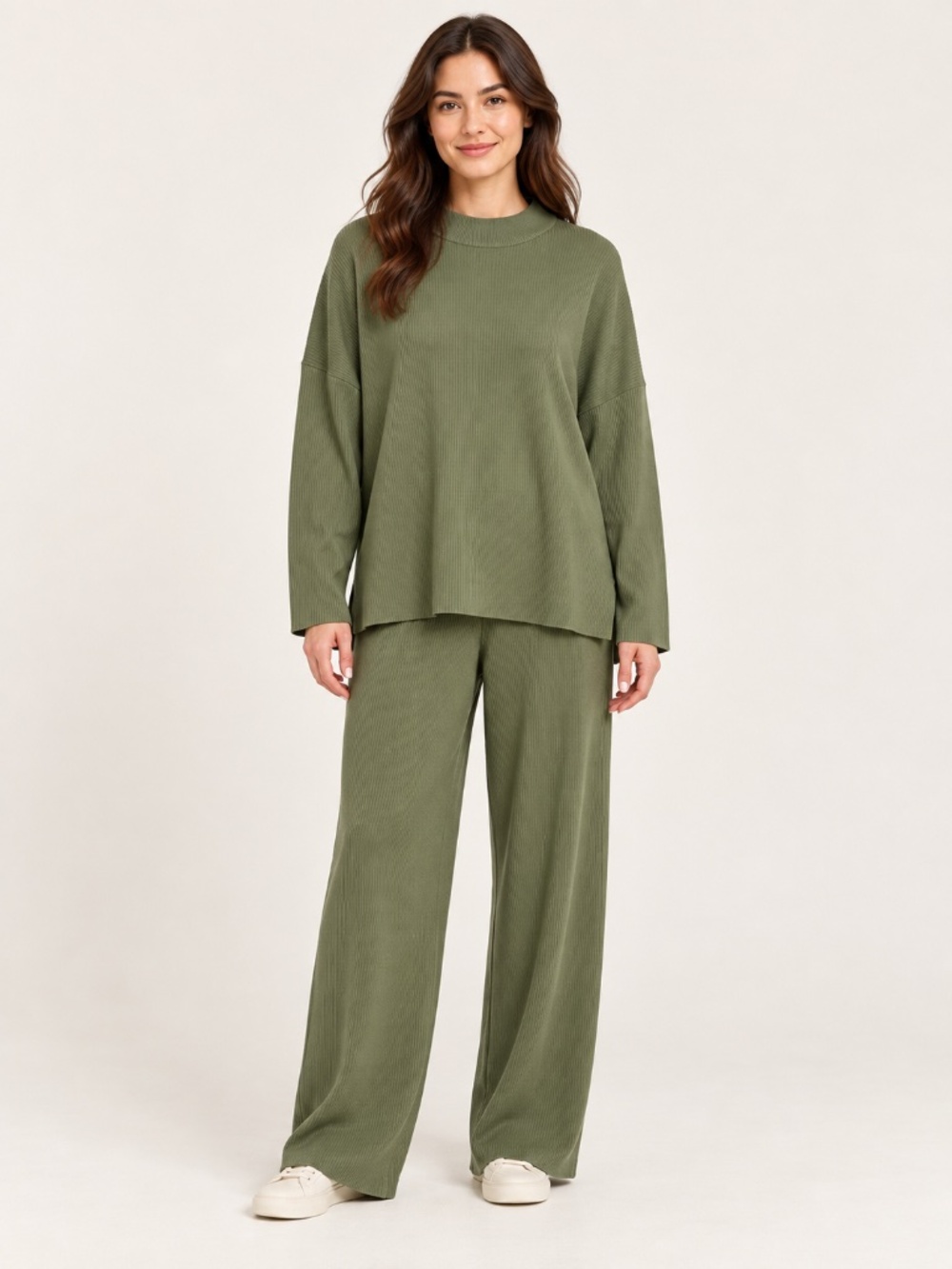 Zenana Olive Green Ribbed Sweater & Wide-Leg Pants Set